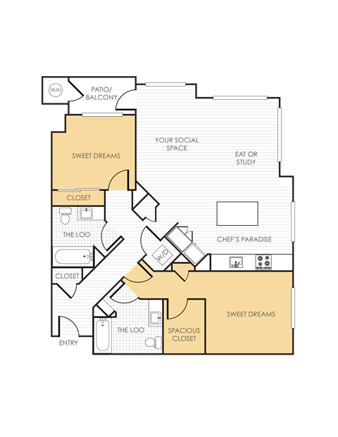 Floor plan for 2 beds, 2 baths, 1300 sqft